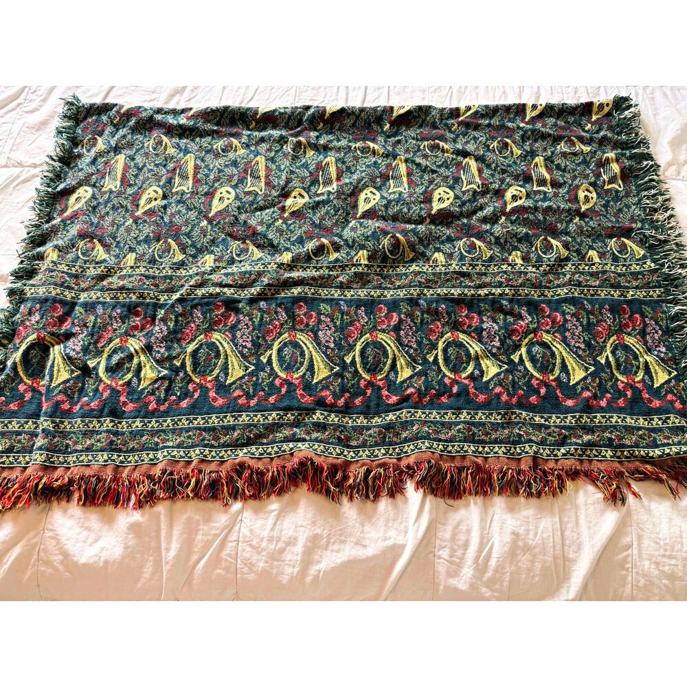 Woven Floral/Musical Tapestry Style Fringed Sofa Throw Blanket 65 x 47